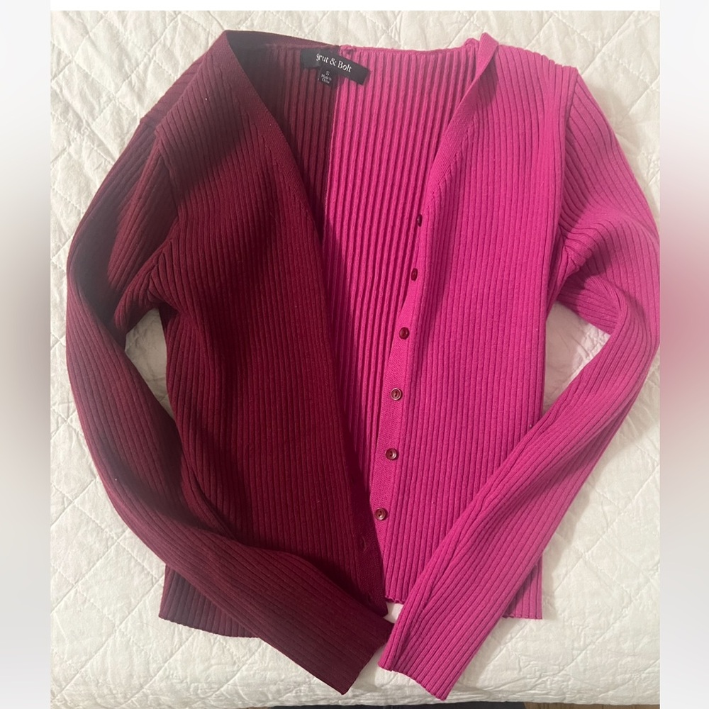 Two Toned Burgundy and Pink Sweater Ribbed Cardigan